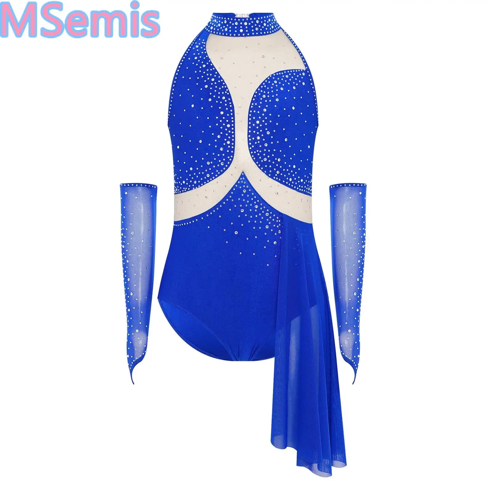 Costume da body per pattinaggio di figura per balletto per bambina, vestito da ballo lirico moderno, strass, gonna e guanti asimmetrici in rete trasparente