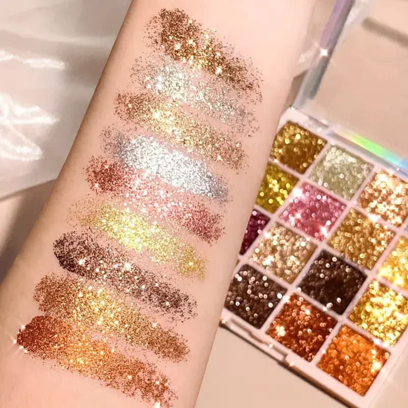 Palettes of glittered shades of 16 colors Shimmer Multicolor Golden color Sparkle Finishing with sequins Body Makeup face Make-up for parties on stage