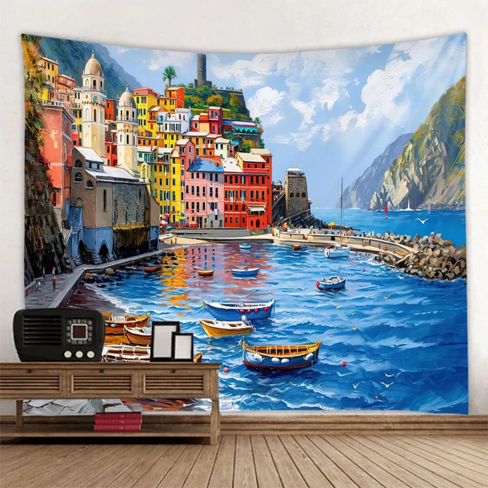 Sea view oil painting tapestry printed hanging wall living room bedroom wall decoration outdoor picnic bed sheets beach mats