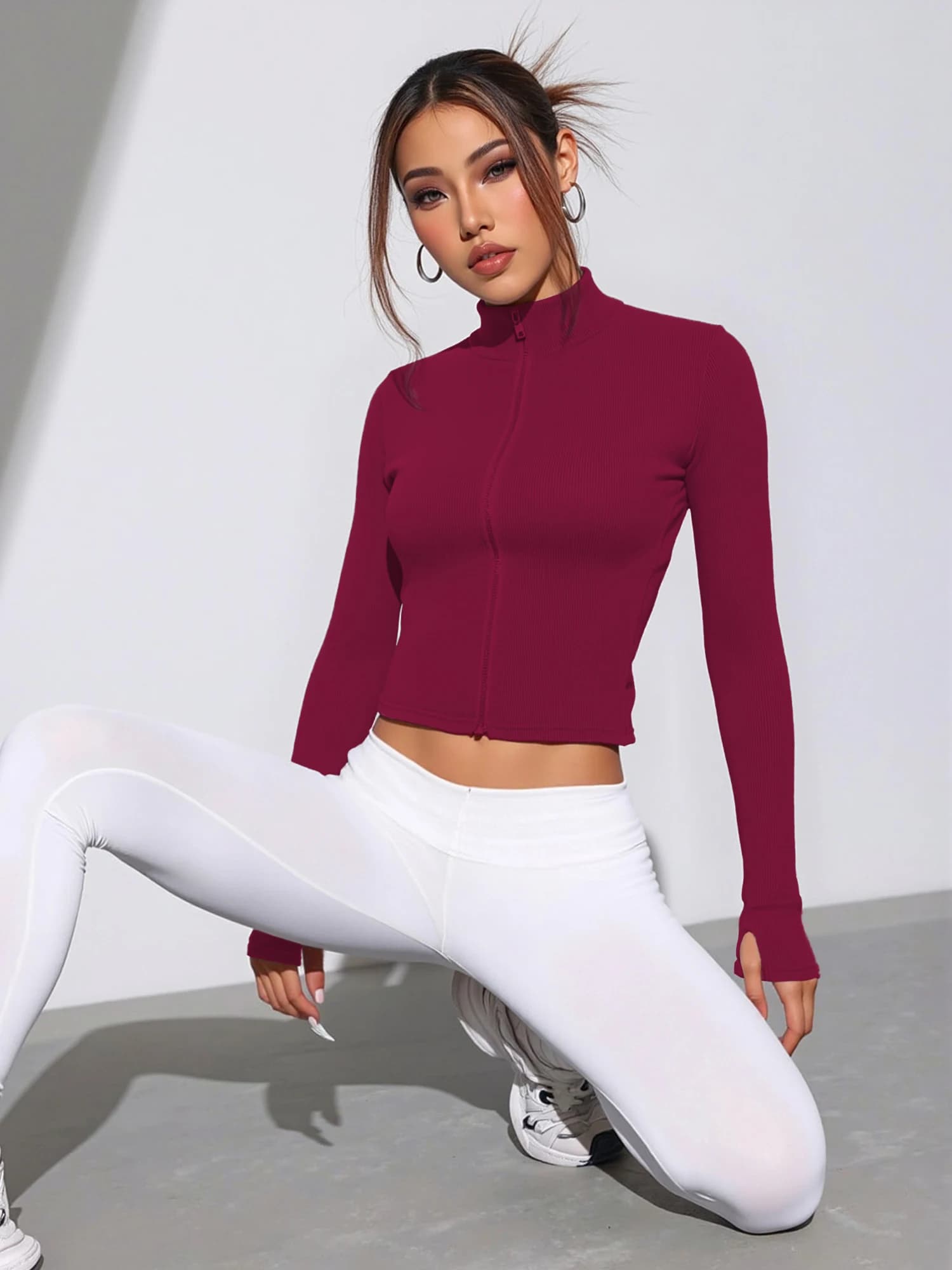 Cozy Rib Knit Full-Zip Jacket, Form-Fitting High Neck Top for Layering in Cold Weather & Indoor Wear