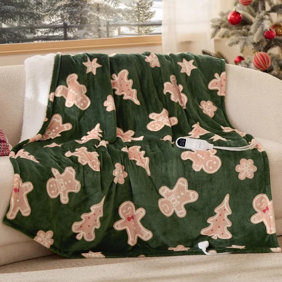 Coperta riscaldata - Coperta elettrica Sherpa in flanella con motivo pan di zenzero per lancio riscaldato della nonna con 6 livelli di riscaldamento