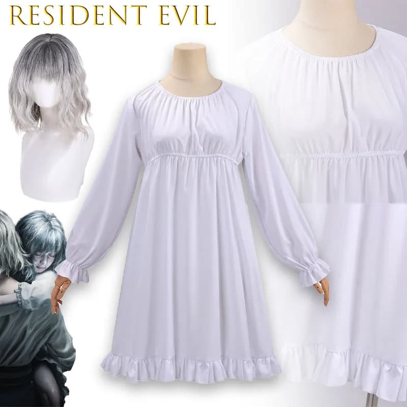 Costume Cosplay Emily di Resident Evil 9, Parrucca Bianca con Volant, Parrucche Argento per Halloween, Carnevale, RE9 Requiem, Festa Lolita