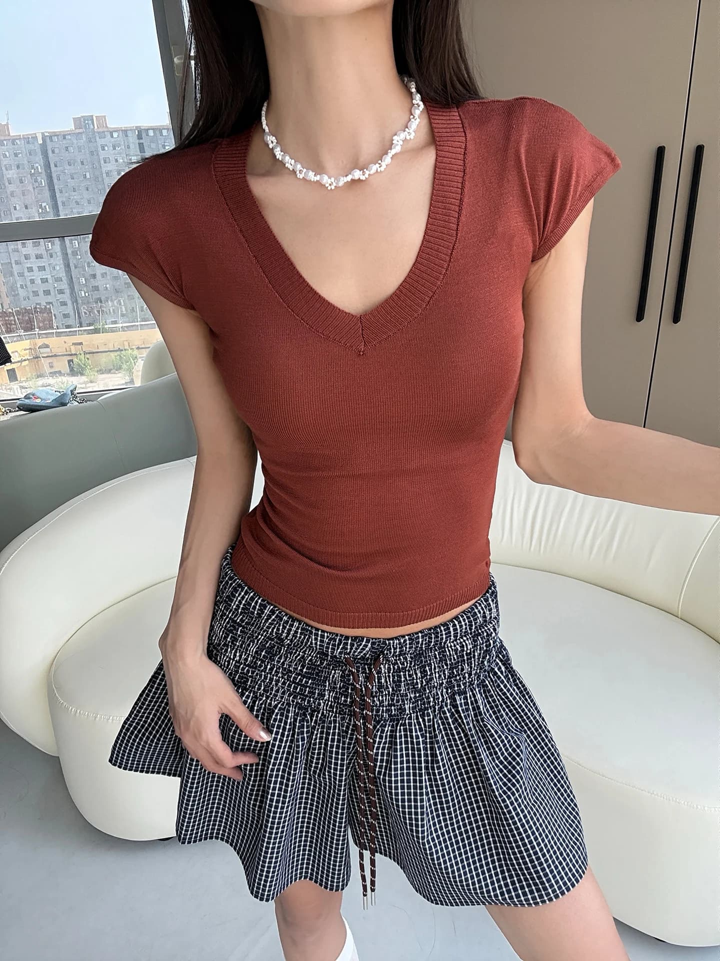 T-shirt da donna MianCun slim fit con scollo a V, estivo, a maniche corte, stile casual, in fibra di Rcelle, modello Mojito