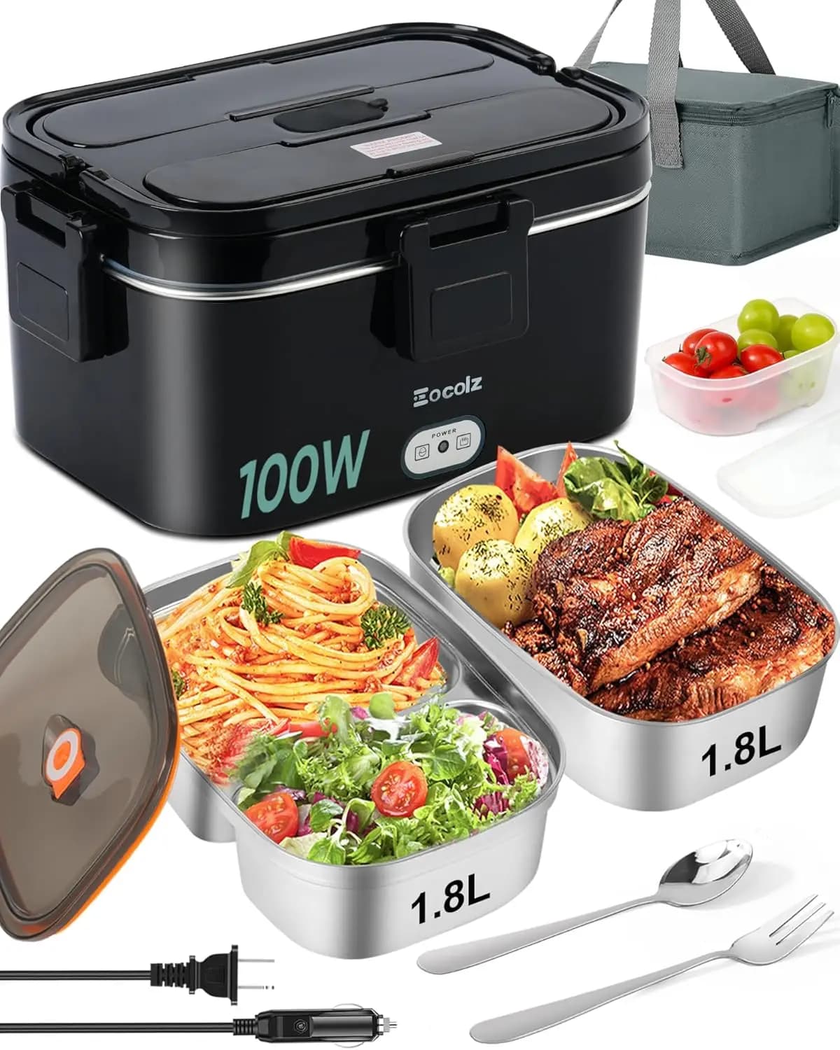 Riscaldatore elettrico per pranzo da 100 W, scaldavivande a doppio contenitore da 1,8 litri con utensili in acciaio inossidabile, portatile per auto, camion, lavoro - 1