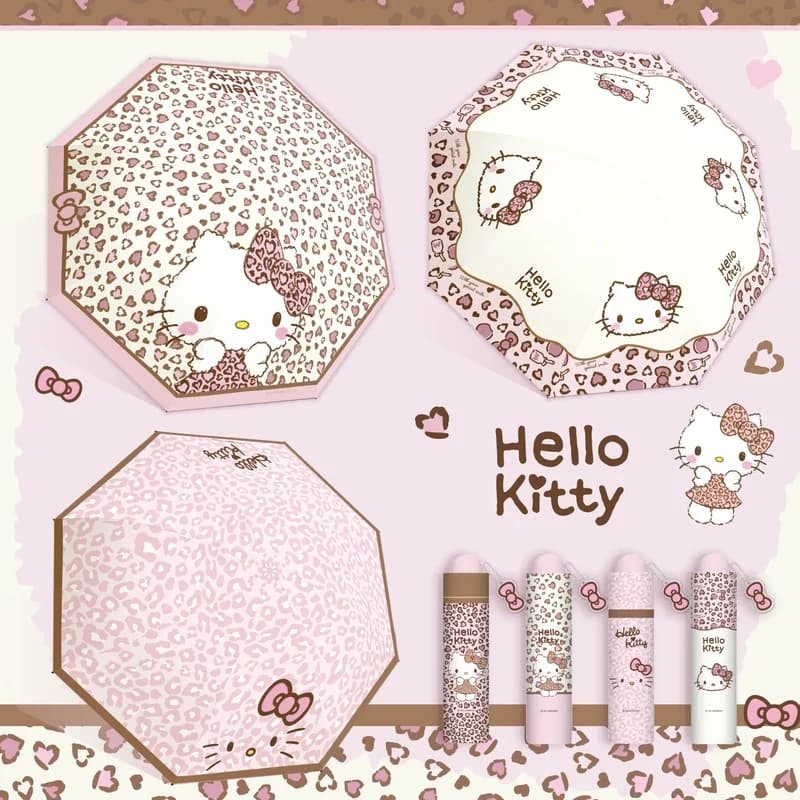 Anime My Melody Kuromi Cartoon Leopard Print Vinyl Tri-fold Manual Folding Umbrella Kawaii Portable Parasol Gift for Friends