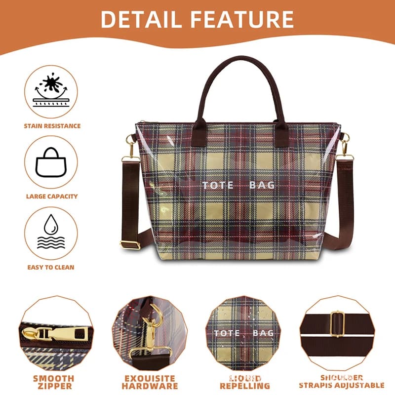 Grid PVC Tote Bag,Waterproof Large Capacity Women Crossbody Shoulder Bag, British Style Commuter Shopping Top Handle Handbag