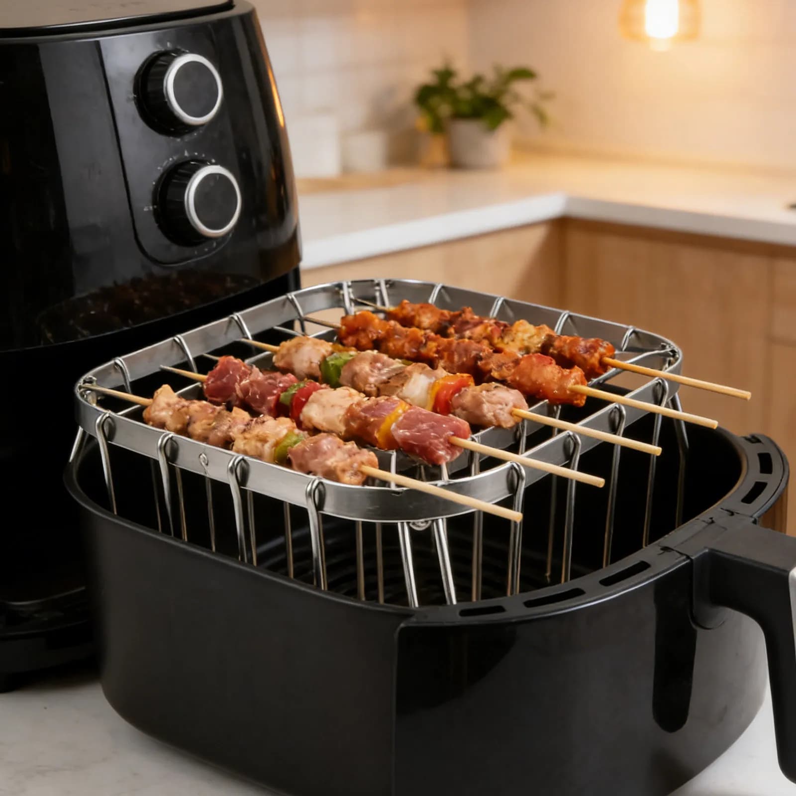 1Set Air Fryer Skewer Rack Stainless Steel Foldable Roasting Rack for Kabobs Barbecue Party Grilling Accessories with 28