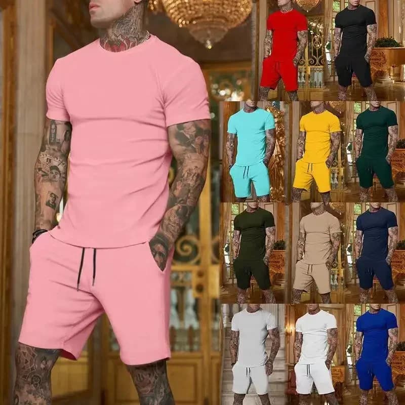 New summer men's set of short sleeve t-shirts and breathable sports shorts, trendy fast drying clothing.