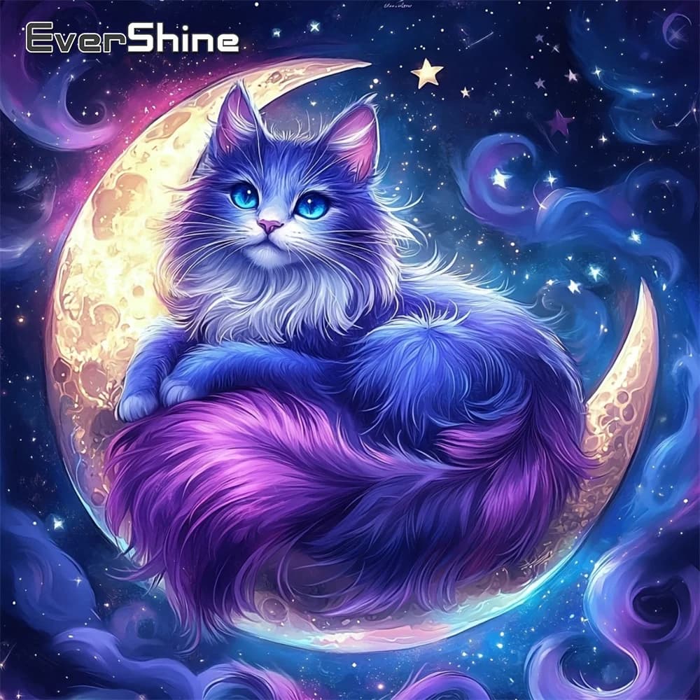 EverShine Diamond Mosaic Animal Full Square Adatto per principianti Pittura con strass a forma di gatto Ricamo con strass Decorazione da parete con luna