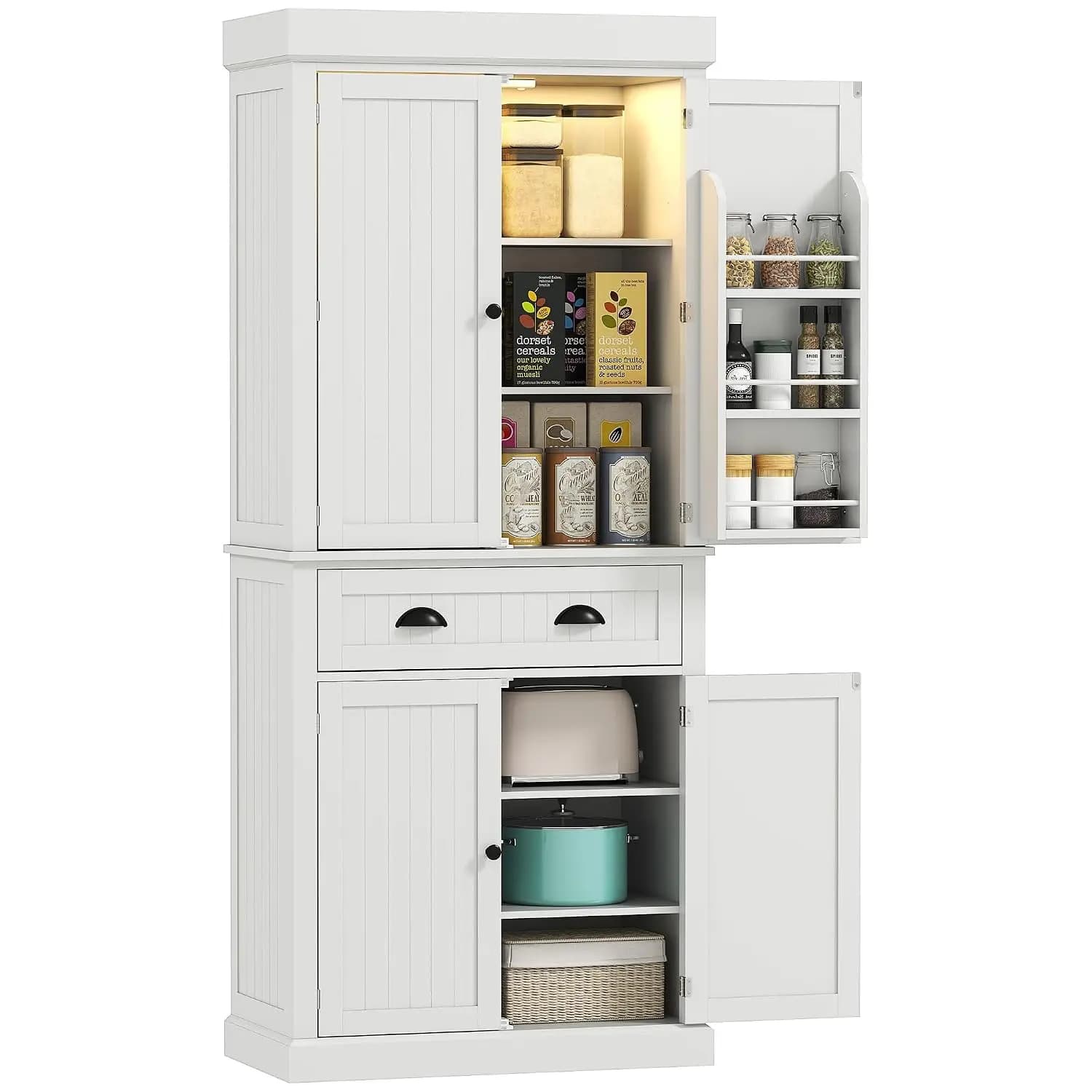 71" Kitchen Pantry Cabinet LED Motion Sensor Drawer White Tall Storage 6 Door Adjustable Shelves Living Dining Room, Customized