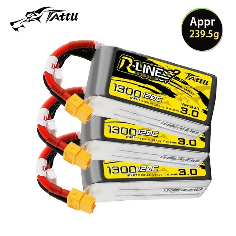 Batteria LiPo TATTU R-LINE 3.0 6S 22.2V 1300mAh 120C per Elicottero RC, Quadricottero, Drone FPV da Corsa con Connettore XT60 22.2V