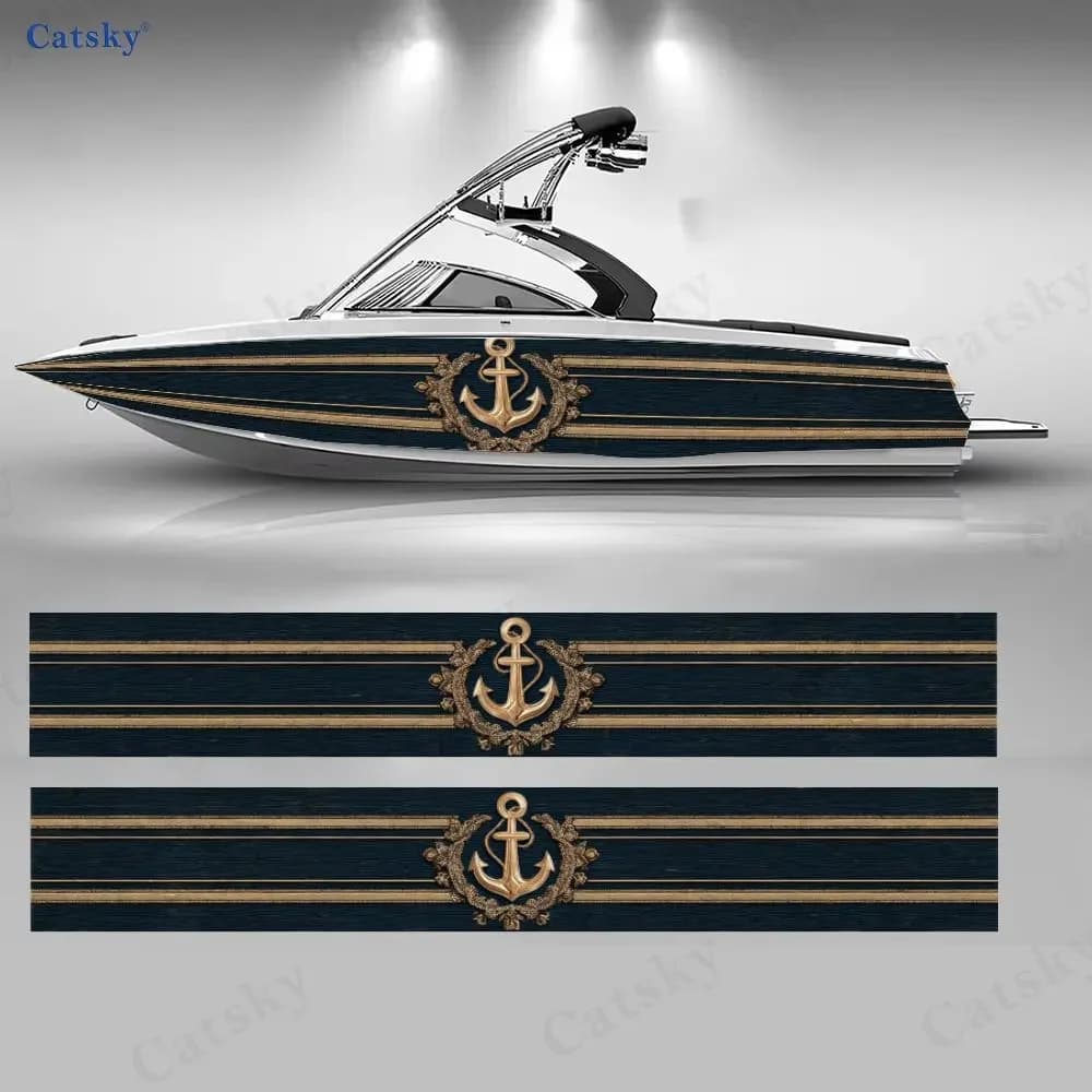 Deep Blue Nautical Anchor & Rope Boat Stickers, PVC Waterproof Vinyl Wrap Decals for Fishing Boats, Durable and Stylish Design