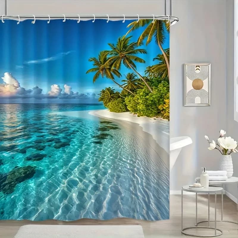1pc Mauritius Islands Beach Tropical Paradise Shower Curtain - Durable Polyester Fabric with 12 Hooks, Machine Washable, Multipl