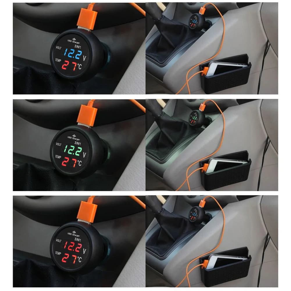 3 in 1 12/24V Car Auto Monitor Display Caricatore di ricarica USB per telefono Tablet GPS LED Voltmetro digitale Termometro