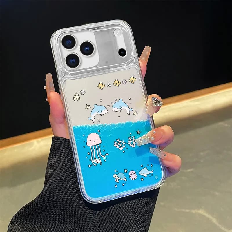 Custodia Liquida Galleggiante con Delfini e Meduse per iPhone 17 Pro Max 14 16 15, Cover Rigida Trasparente di Lusso con Effetto Dinamico Acquatico