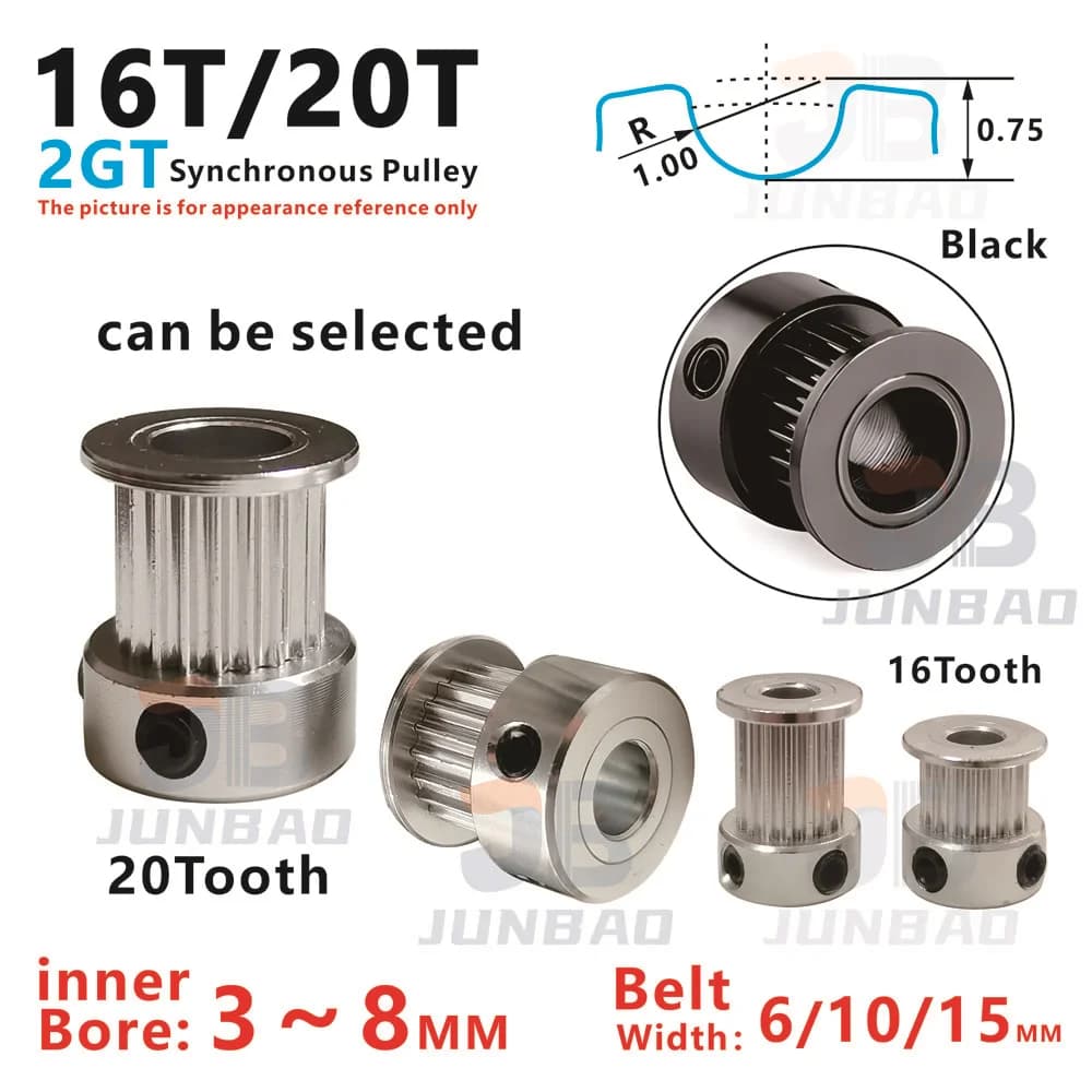 16/20 denti, puleggia dentata 2GT, per sistema di trasmissione stampante fai da te/CNC/3D, 16T/20T, ingranaggio sincrono G2T, larghezza cinghia 6/9/10/15