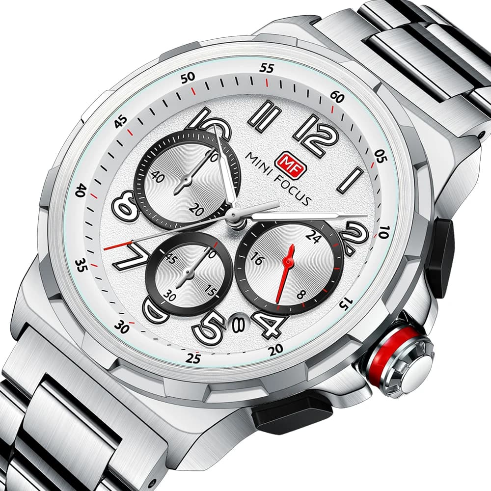 Men's FOCUS Quartz Watch with Stainless Steel Strap, Fashion Style Business with Day Function, Date and Moon Phases 24 Hours