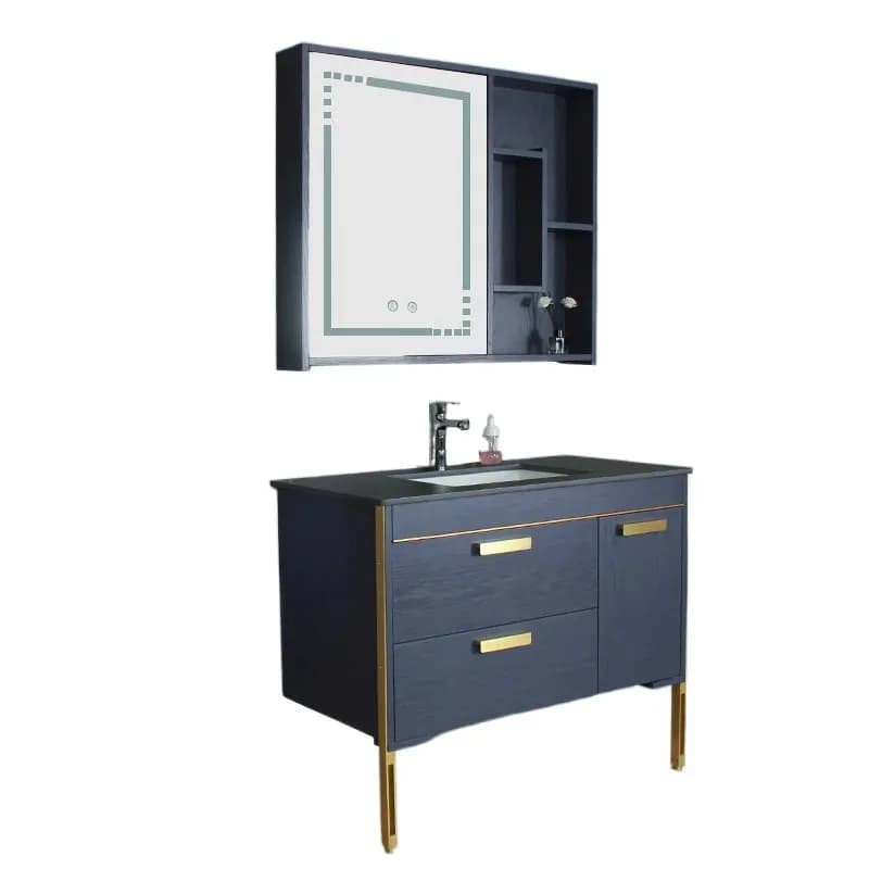 Mobile da bagno semplice in legno massello dal pavimento al soffitto in stile nordico, lavabo per WC, combinazione di armadietto a specchio intelligente