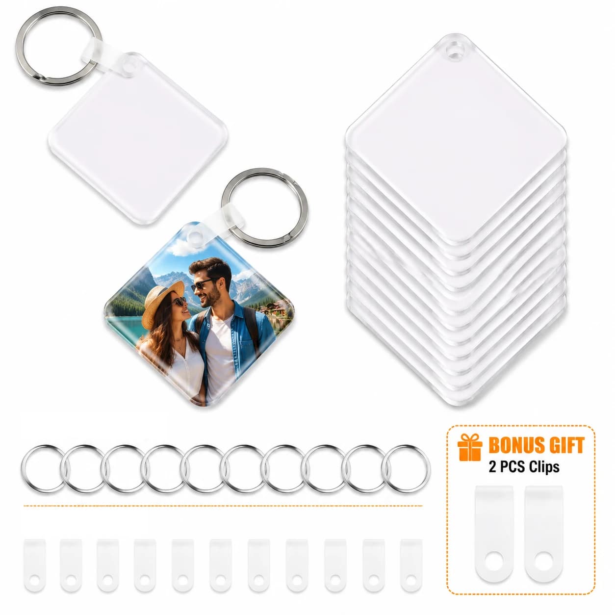 10Pcs Square Sublimation Acrylic Blank Keychain Kit with Keyrings Tabs, Bonus 2 Extra Clips DIY Heat Transfer Craft