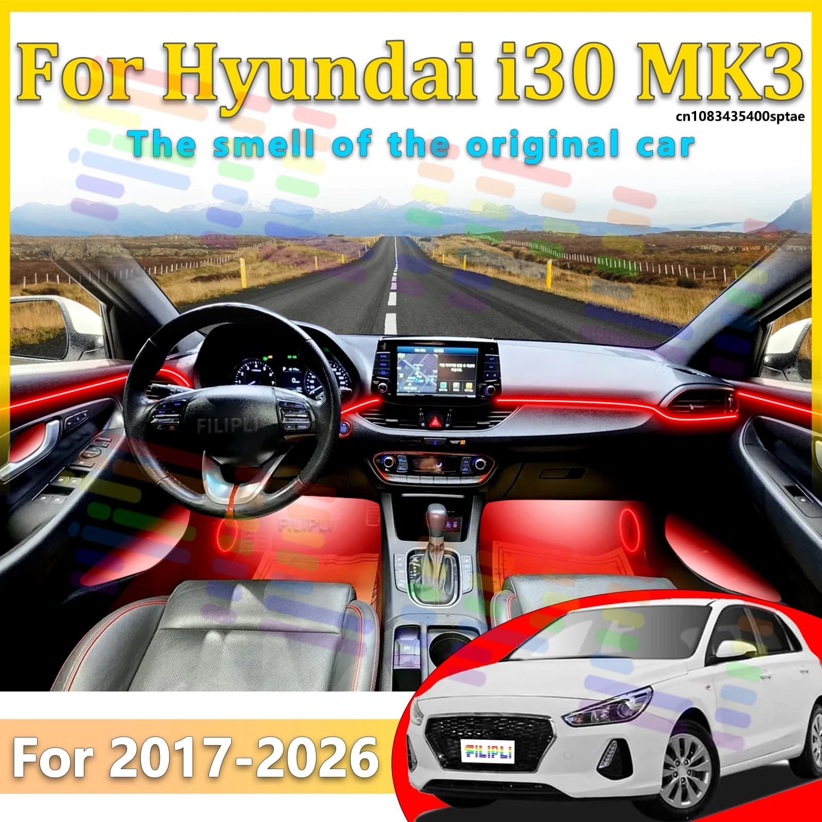 Luci Ambientali LED per Hyundai i30 2017-2026Y, Illuminazione Interna Auto Colorata, Striscia Neon con Controllo App, 64 Colori RGB