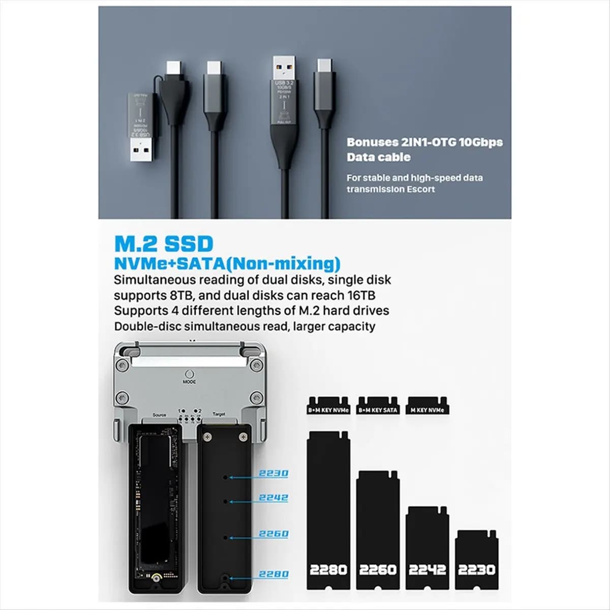 INABEZ Enclosure SSD M.2 NVMe Dual Bay per M.2 NVMe 2230 2242 2260 2280 USB Type-C 3.2 Gen2 20Gbps Case Esterno