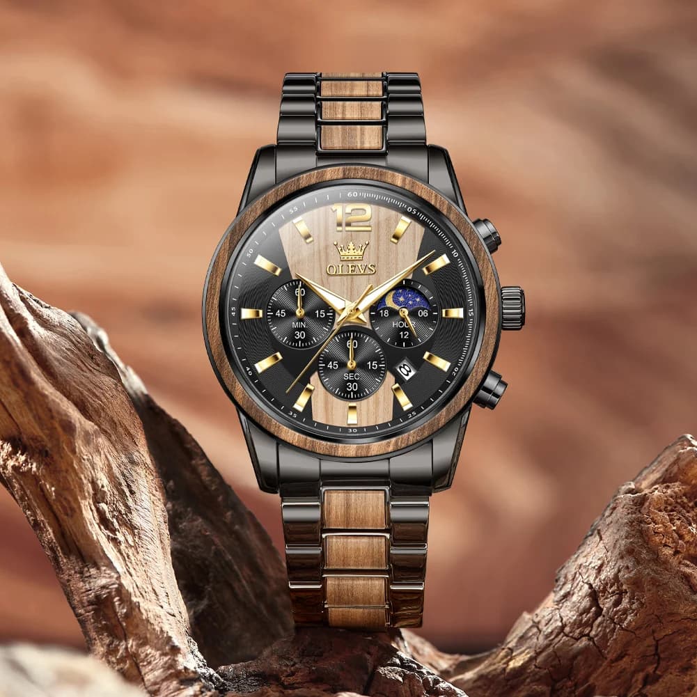 OLEVS Men's Watch Quartz Wrist Watch Luxury Original Wooden Watch With Waterproof Light Date For Men Reloj Hombre