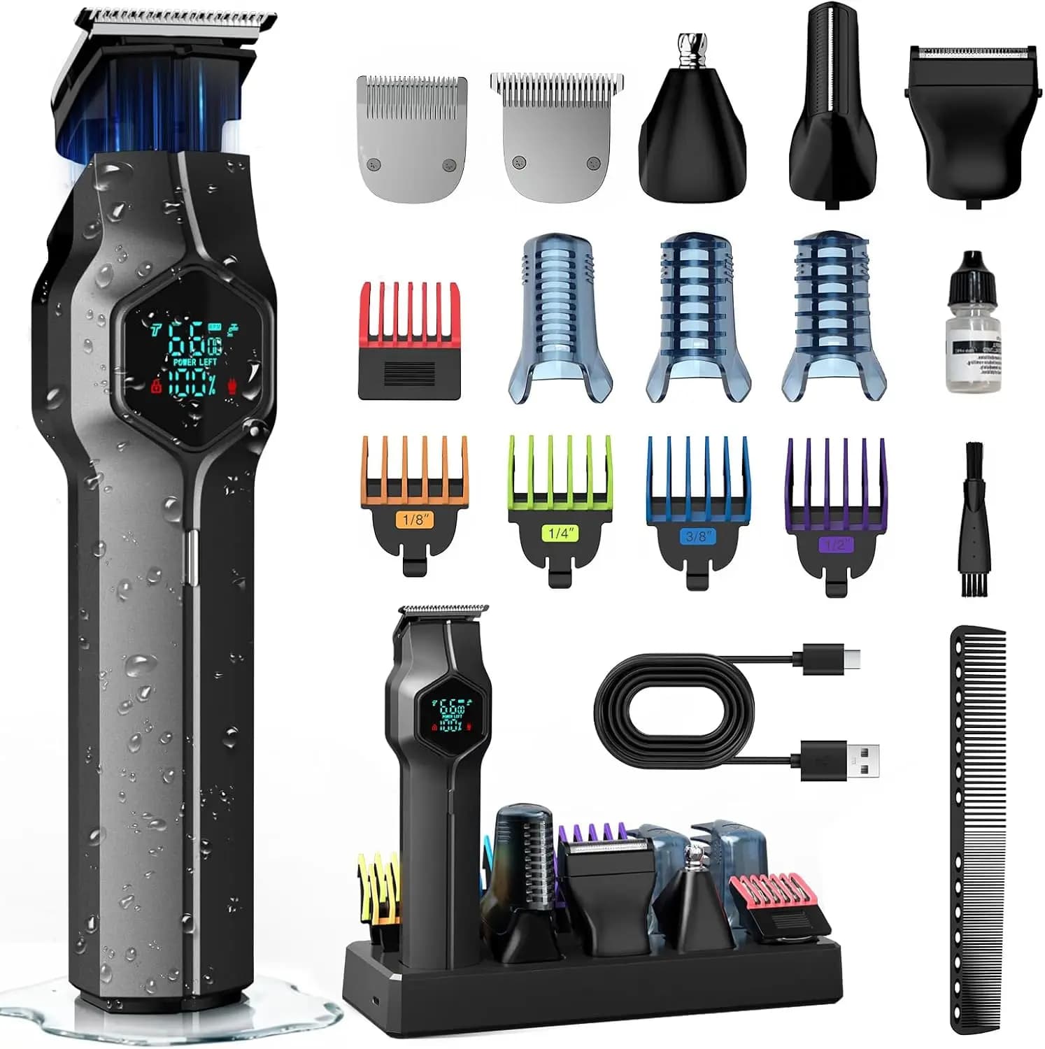 Men's waterproof regulator with magnetic heads, USB-C charging base, wireless toeping kit for face and body