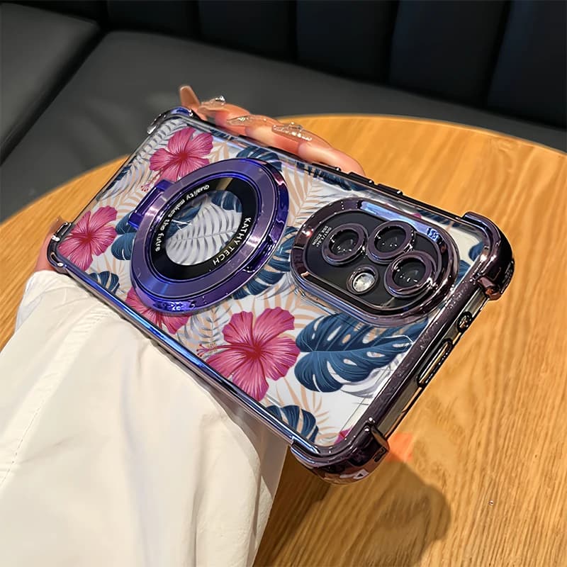 Cover per Telefono in Silicone con Placcatura per OPPO Reno 13 FS 12 11 Pro 12F 11F 13F 13, con Supporto Integrato, Stampa Fiori e Foglie, Antiurto, Morbida
