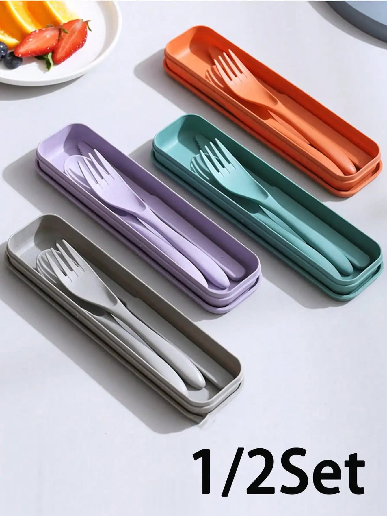 1/2 Sets Reusable Travel Utensil Set (With Box), Portable Plastic Fork Spoon Knife, Camping Utensil Set, Adult Lunch Utensils, Outdoor Picnic Utensils, Kitchen Tools, School Supplies, Back To School Season