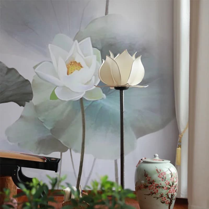 Lampada da terra in stile cinese Lampada da terra classica Lotus Lampada da terra in stile Lampada Zen Lampada da scrivania in piedi con loto colorato