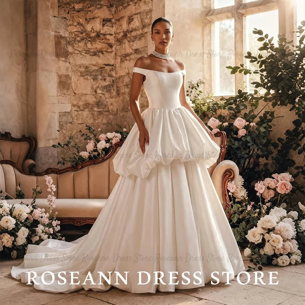 Roseann Wedding Dresses Off‑the‑Shoulder Satin Long Ball Gown vestido de novia Tiered Ruffle Chapel Train Bridal Gown Customized