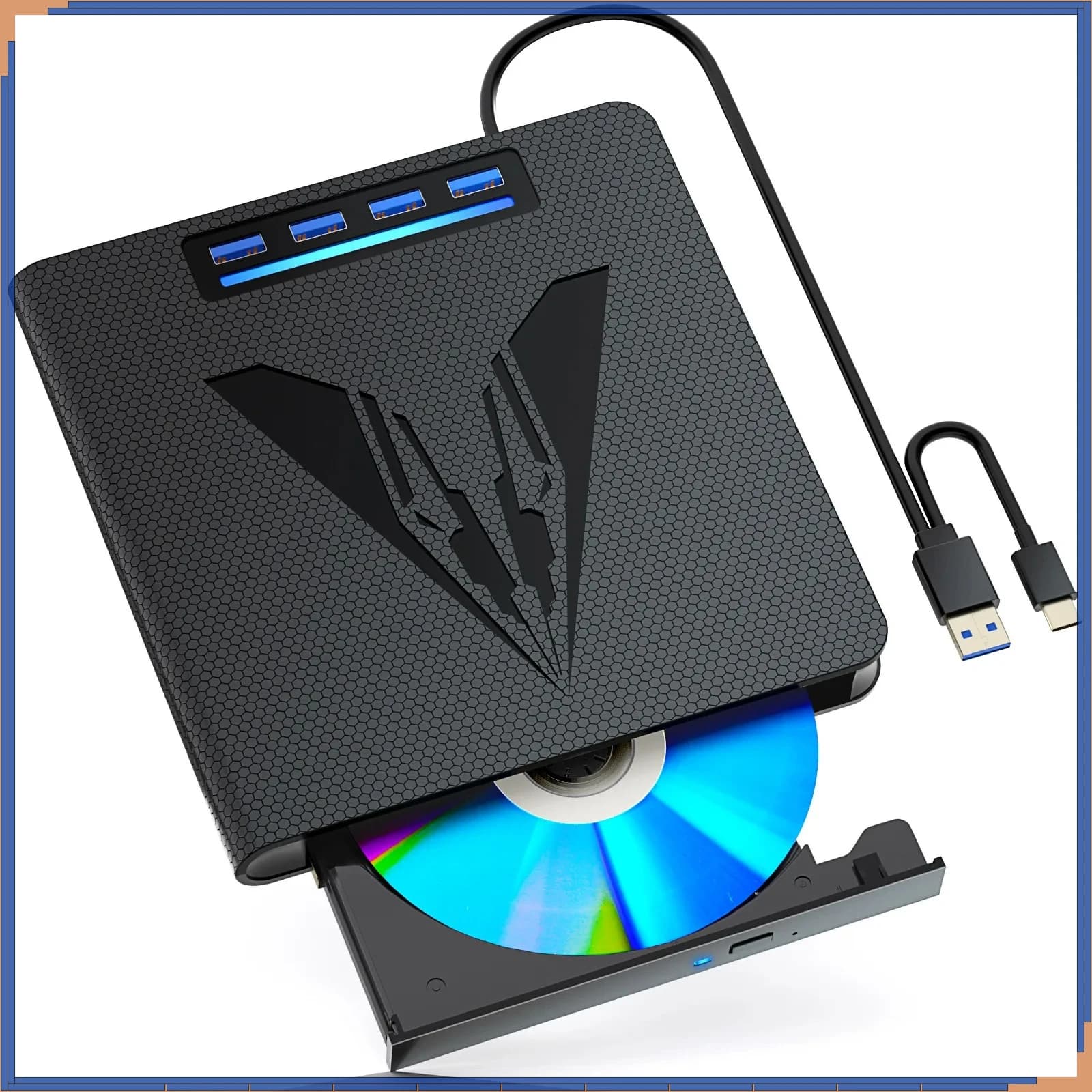 Lettore/Scrittore Portatile di CD/DVD Esterno con 4 Porte USB e Slot per Schede TF/SD per Laptop e PC