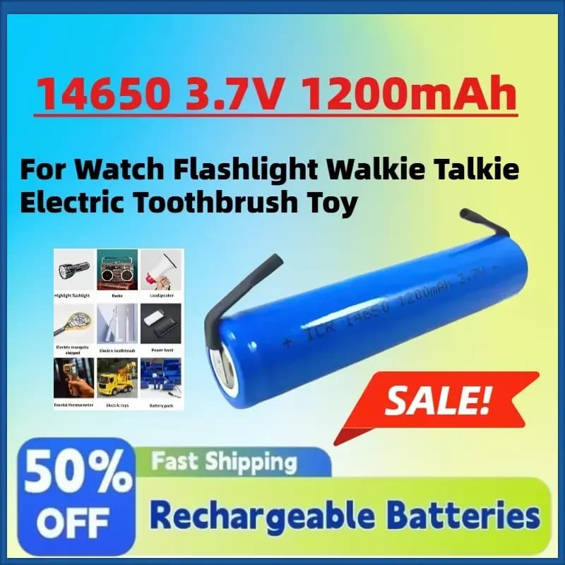 2 rechargeable lithium ion batteries 14650 from 3.7 V 1200 mAh with welding terminals for watch, torch, walkie-talkie, electric toothbrush