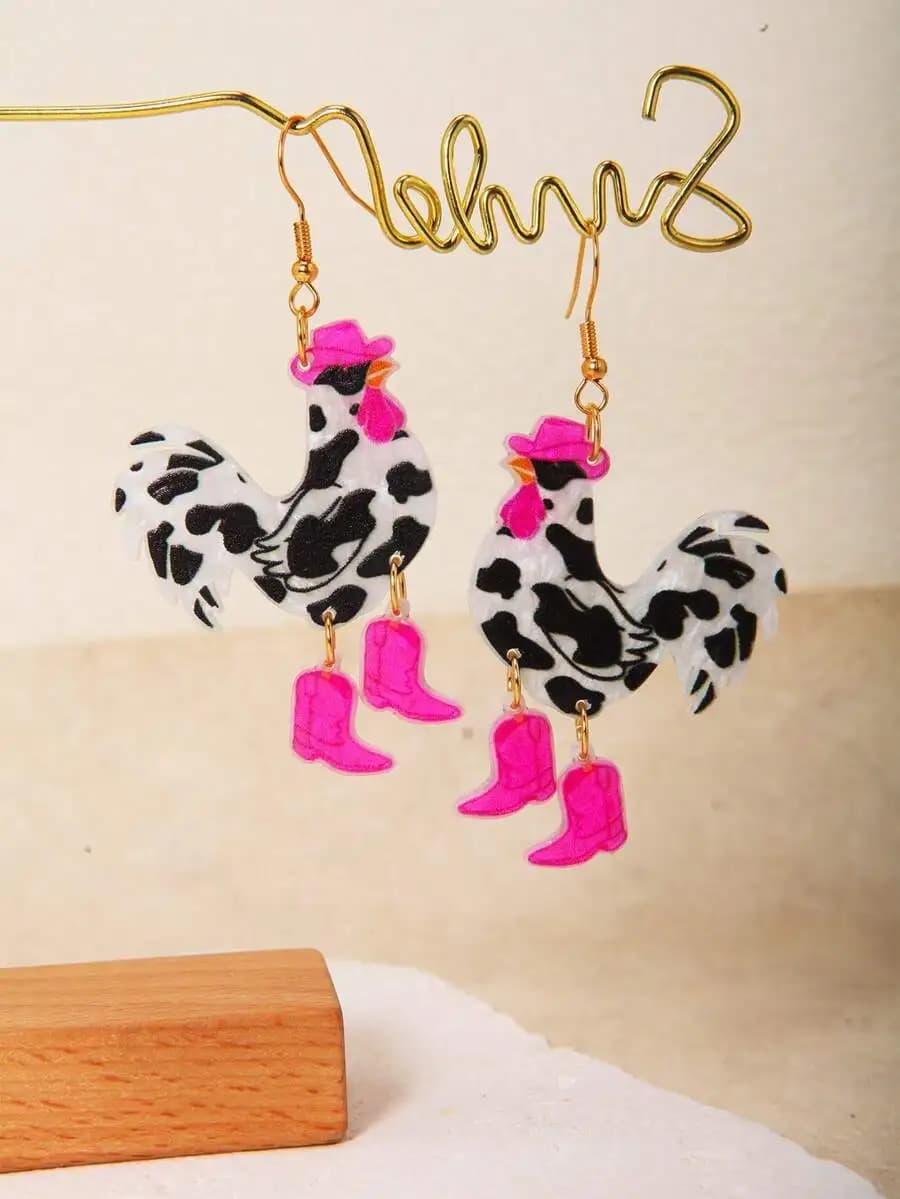 Funny Cute Cowgirl Chicken Design Drop Dangle Earrings, Creative Statement Earrings For Women And Girls, Suitable For Spring, Su
