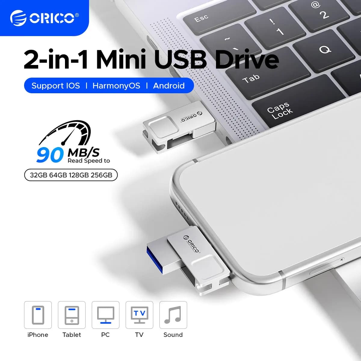ORICO USB3.2 Mini 2 in 1 Dual Flash Drive USB C Pen Drive OTG Dual Memory Stick per MacBook Android Car 256GB 128GB 32GB 64GB