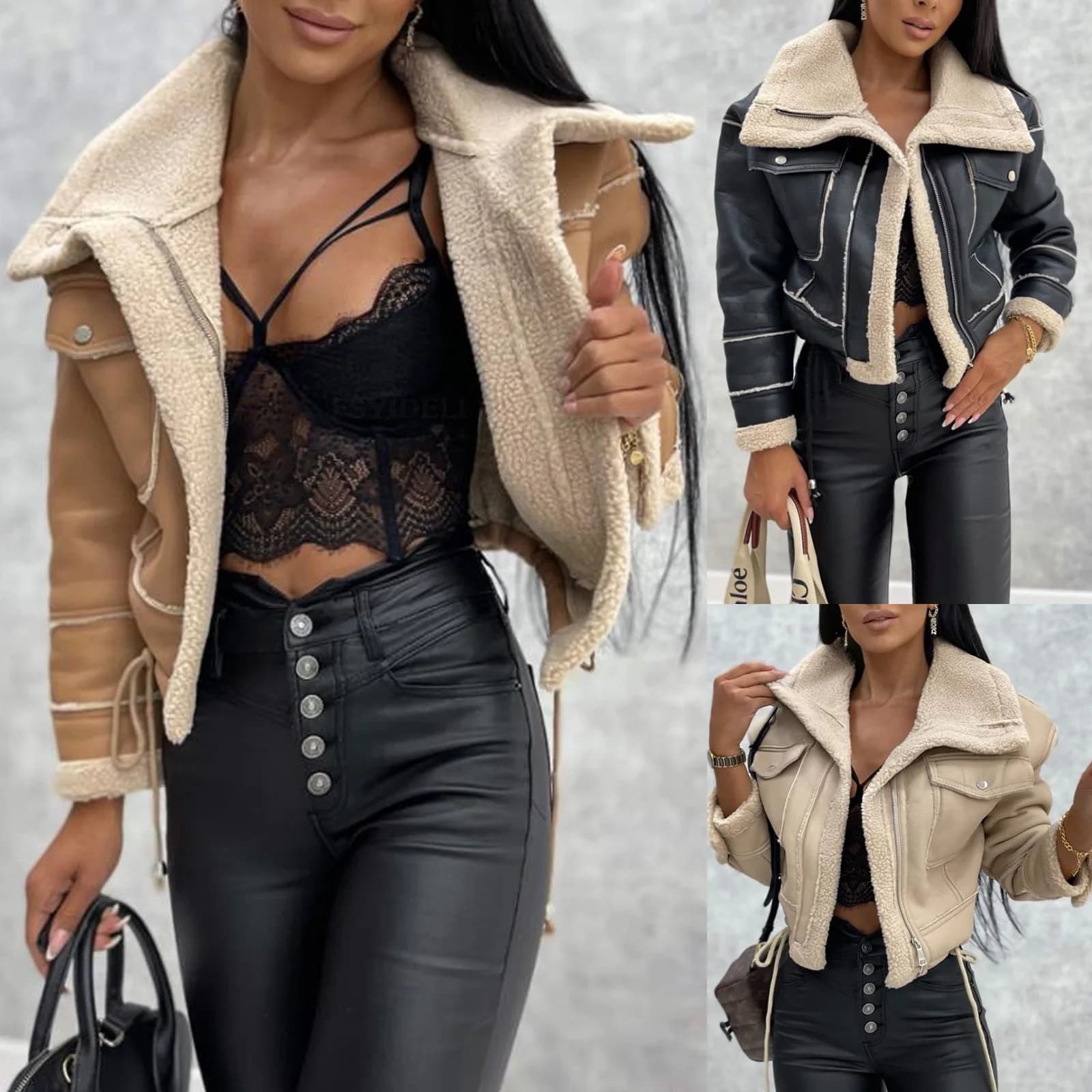 Women's Short Lamb Fur Jacket Zipper Motorcycle Style Autumn Winter Outerwear Punk Style Loose Fit Polyester Fabric SU3120