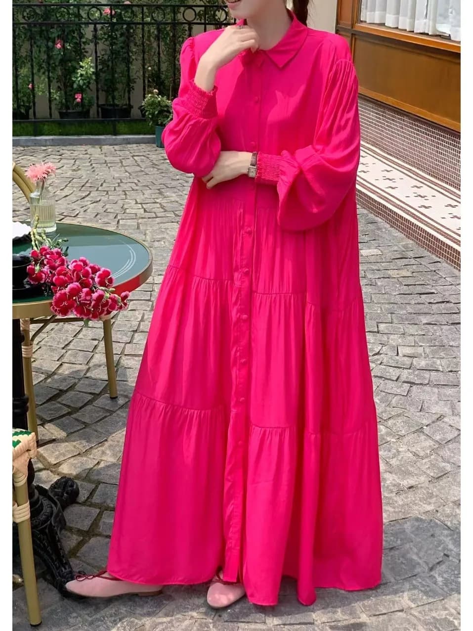 Slimming Pleated Single-Button Collar Lantern Sleeve Long Dress Loose Fit Cotton Pure Color A-Line Shirt Dress for Women