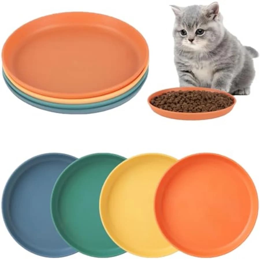 4 Pcs Cat Food Dish 5.9 Inch Shallow Cat Wet Feeding Bowls Whisker Friendly Wide Wheat Straw Pet Plate Colorful Flat Cat Bowl f