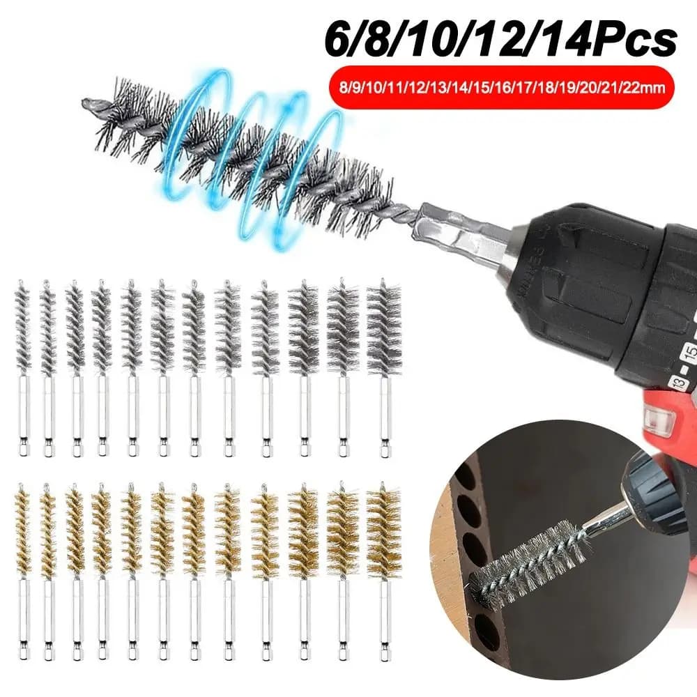 6/8/10/12/14Pcs Stainless Steel Steel Bore Brush With Handle 1/4 6.35mm Hex Shank Twisted Wire Borebrush 8-25mm