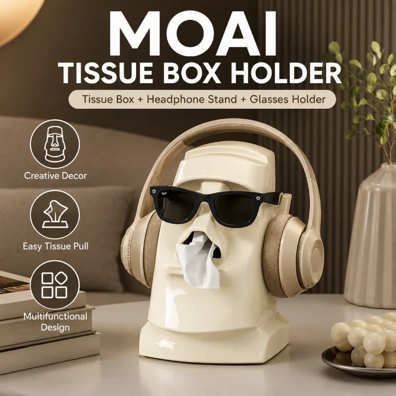 Moai Statue Tissue Box Holder, ABS Desktop Tissue Dispenser with Headphone Stand & Glasses Holder for Home Decor