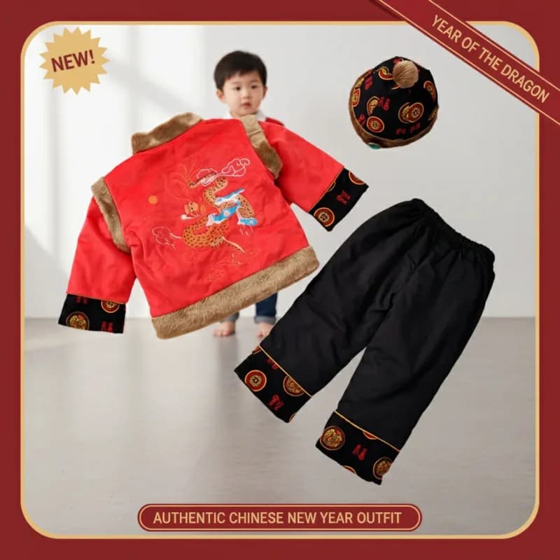 ▶❤Chinese New Year Tang Suit Boys Dragon Jacket Kungfu Costume Kids Hanfu Sets Traditional Button Coat Pants❤◀