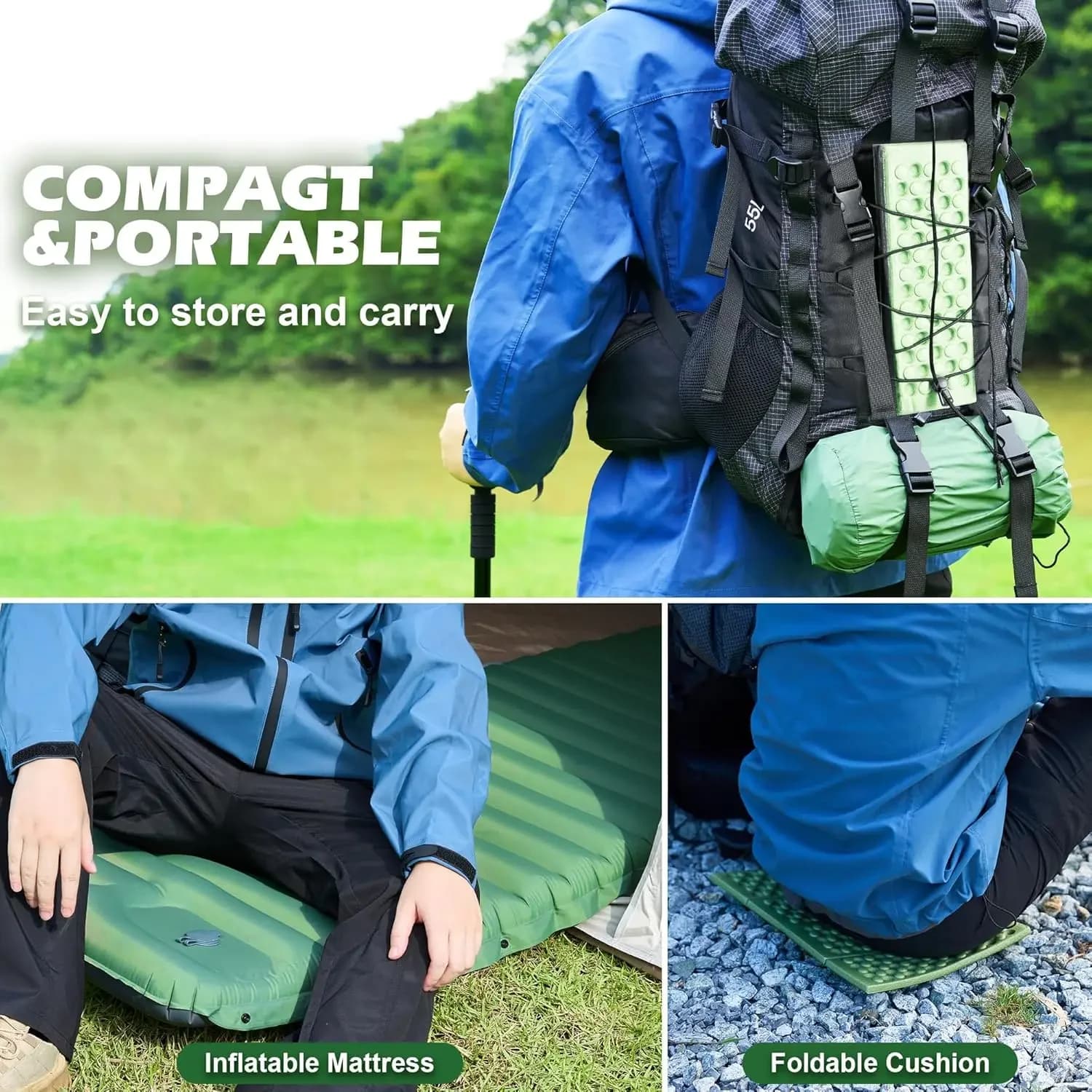 Set Zaino da Escursionismo e Campeggio con Materassino Gonfiabile, Bastoncini da Trekking, Monocolo, Bottiglia con Filtro Acqua, Lampada Frontale LED
