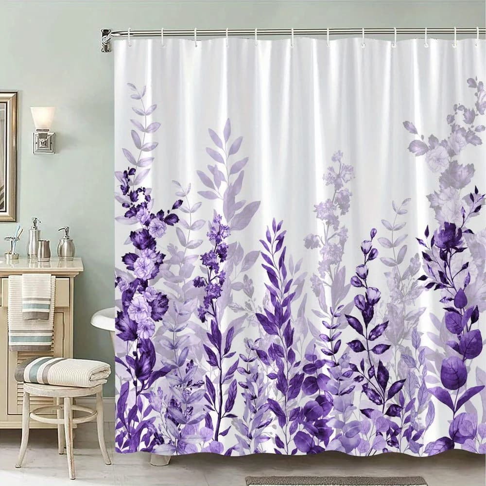 Tenda da doccia floreale monopezzo viola e lavanda - design botanico ad acquerello con fiori luminosi e lussuosi, lavabile in lavatrice