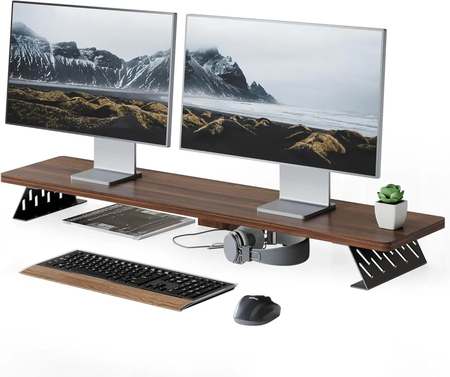 Dual Monitor Support, 42.5 Inch Desk Table for 2 Monitor, Wood and Steel Desk Support for Laptop and PC