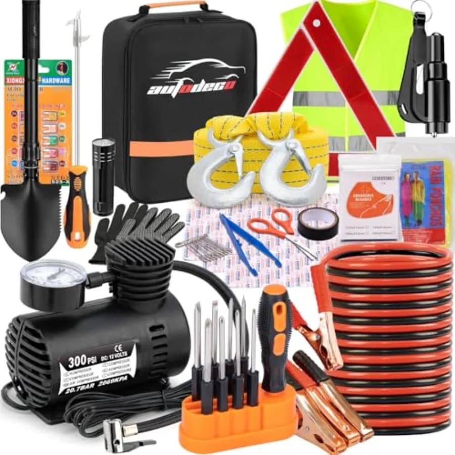 Kit di Assistenza Stradale d'Emergenza per Auto con Cavi di Avviamento e Gonfiatore Pneumatici, Kit Automobilistico per Veicoli
