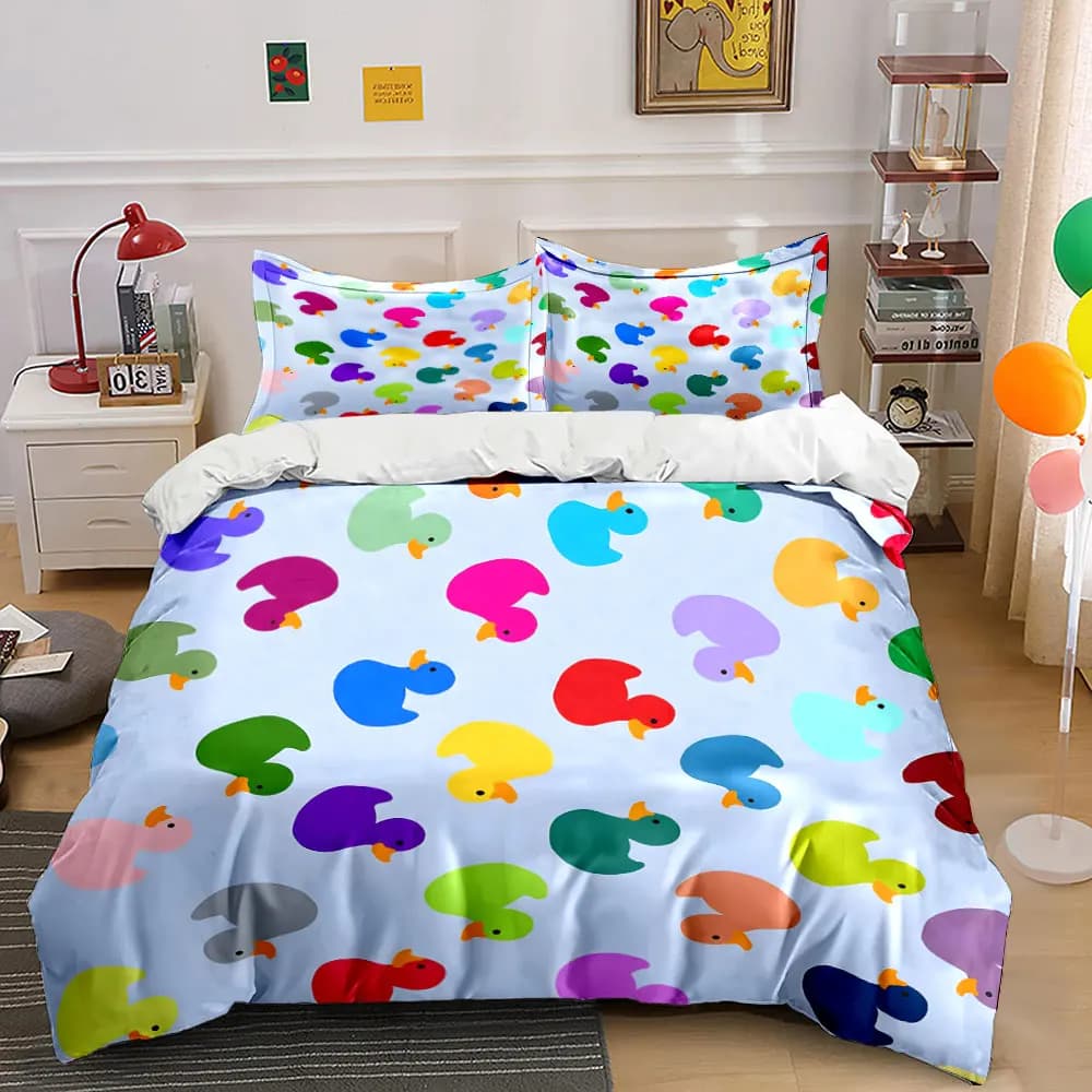 Set copripiumino con motivo a anatre colorate disposte in modo casuale, stampa digitale, biancheria da letto in poliestere colorato con chiusura a cerniera, ideale come regalo.