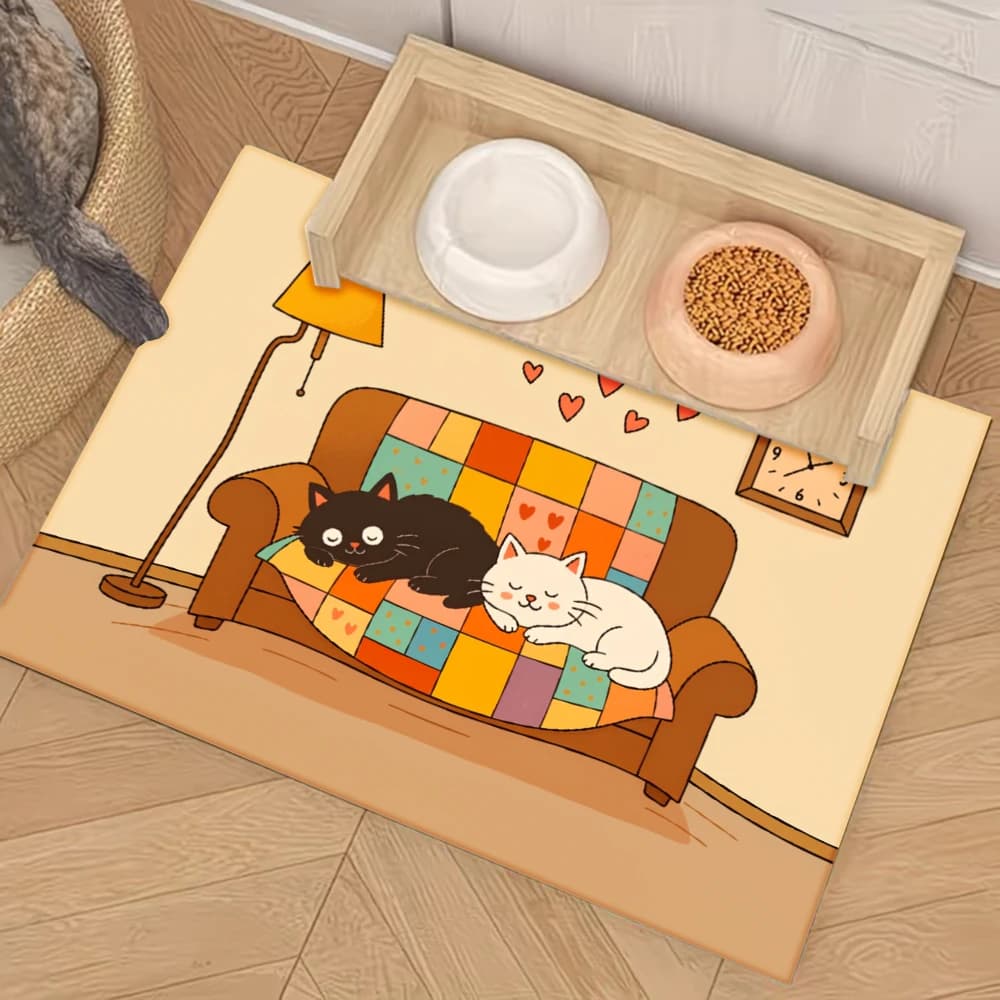 Tappetino Antiscivolo per Gatti e Cani con Motivo Gatti sul Divano e Orologio, Accessori per Animali Domestici, Tappetino Antispruzzo e Antiscivolo