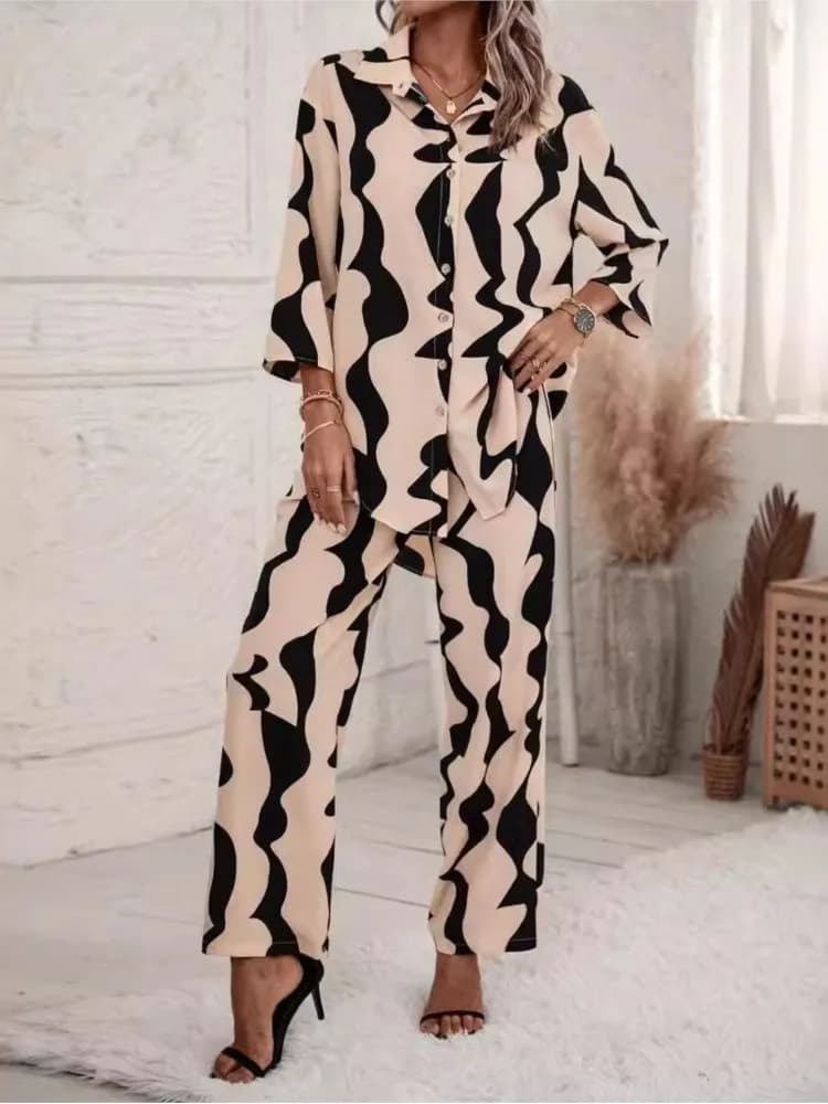 Camicia monopetto stampata di nuova moda primavera autunno da donna Pantaloni larghi larghi a gamba larga Pantaloni lunghi a maniche lunghe Set da due pezzi