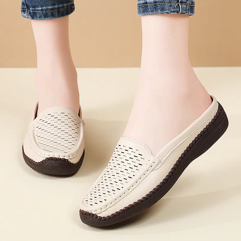 Plus Size 36-43 Spring Summer Breathable Round Head Hollow Shoes Flat Plaform 2026 Women's Mules Soft Leather Slippers Casual