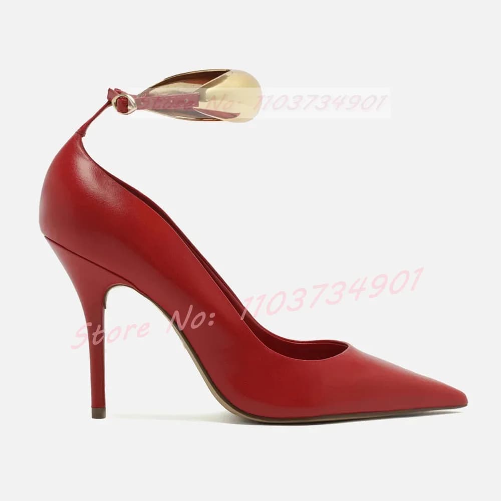 Gold Ring Ankle Strap Pumps Women Trendy Pointy Toe Patent Leather Thin Heels Shoes Ladies Sexy Party Novelty Big Size Pumps